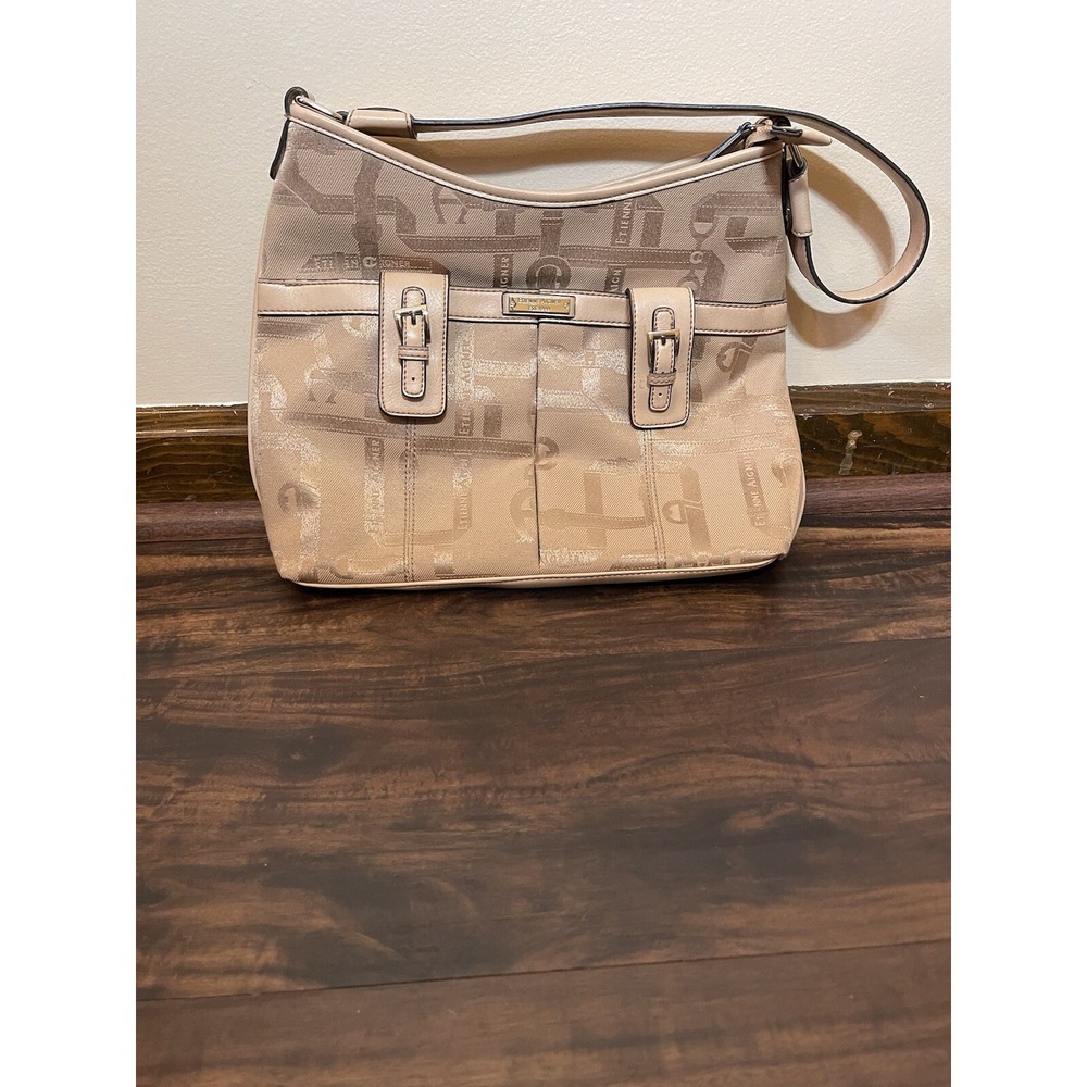 Etienne Aigner Beige Logo Jacquard Shoulder Bag Tan Faux Leather Trim Hobo